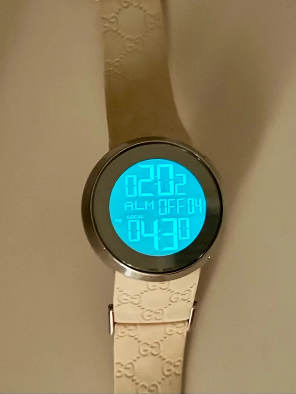 Gucci Cream Digital Round Watch with GG Embossed Silicone Strap